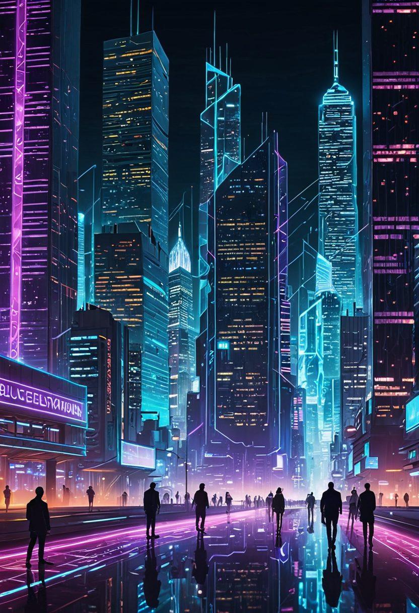 A futuristic digital landscape with towering skyscrapers made of code, interconnected by neon-lit pathways. In the foreground, a team of diverse digital architects working on holographic blueprints, blending elements of web development, design, and online services. The background features a city skyline with glowing data streams weaving through. cyberpunk. vibrant colors. 3D.