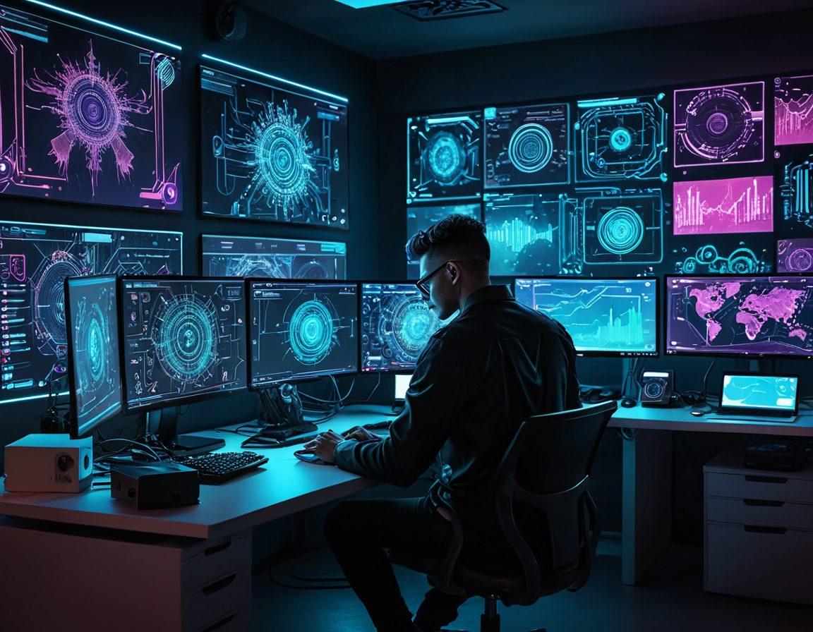 A futuristic web designer's workspace with sleek computer screens displaying dynamic, user-centric interfaces. The scene includes vibrant data visualizations, UI/UX sketches on a digital tablet, and a person in modern attire deeply engaged in creative processes. The backdrop features interconnected gears and circuits symbolizing integration. cyberpunk, vibrant colors, 3D.