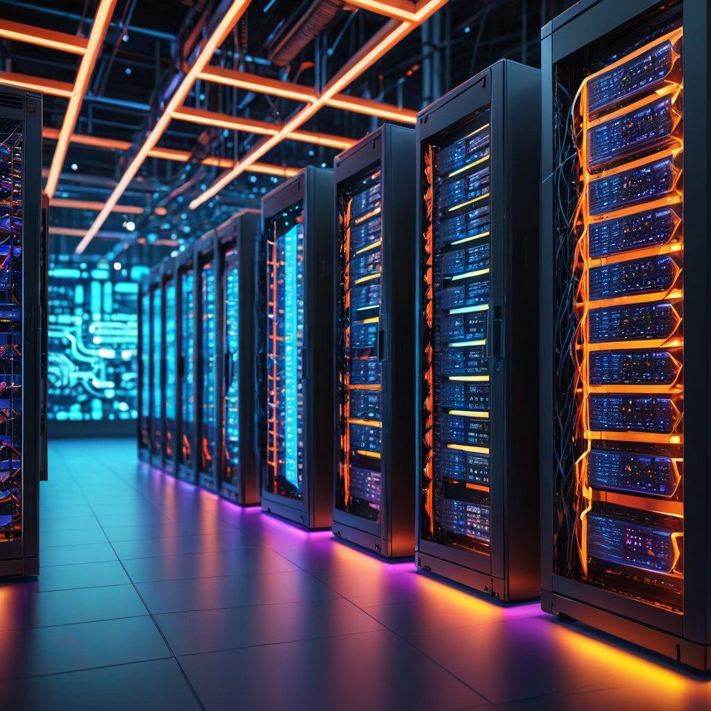 A futuristic digital cityscape with glowing server racks symbolizing web hosting, robust infrastructure represented by interconnected geometric shapes, and speed trails depicting optimization. A tech-savvy individual standing confidently amidst this digital landscape, symbolizing control and strategy. super-realistic. vibrant colors. 3D.